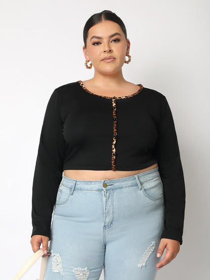 Leopard Detail Long-sleeved Crop T-shirt