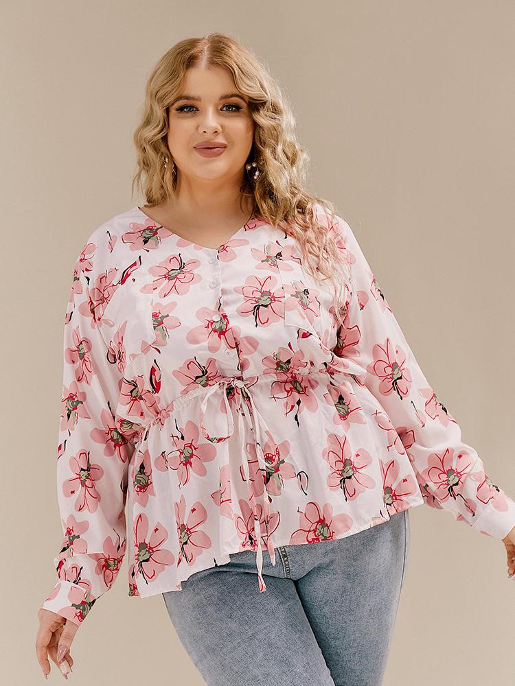 Floral Button Drawstring Blouse