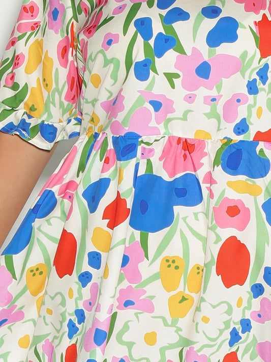 Floral Painting Frill Trim Dress