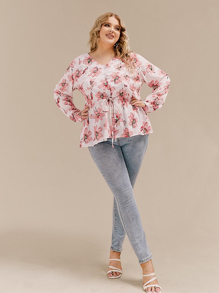 Floral Button Drawstring Blouse