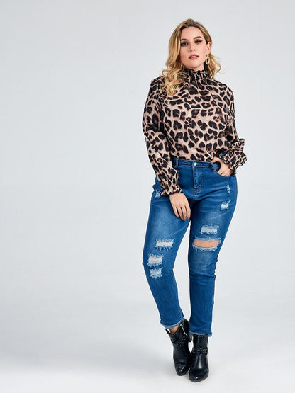 Leopard Shirred High Collar Blouse