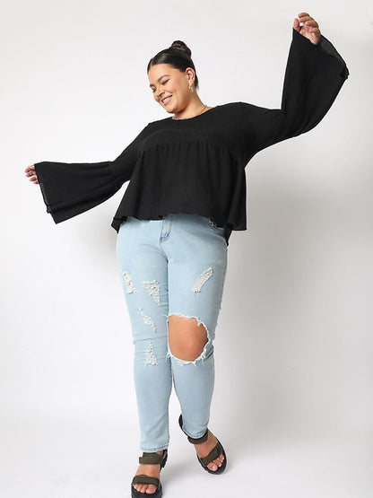 Solid Flared Sleeve Loose Top