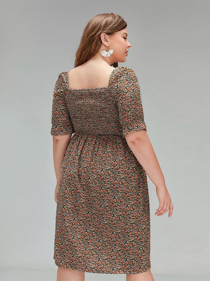 Ditsy Slit Smocking Dress