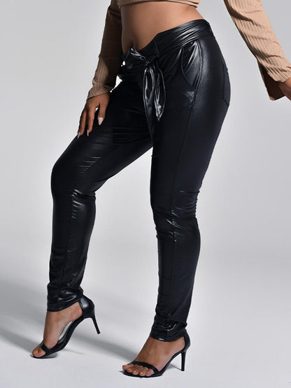 Belt Solid Color PU Pants