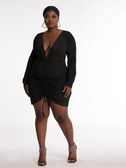 Ruched Plunge Solid Dress