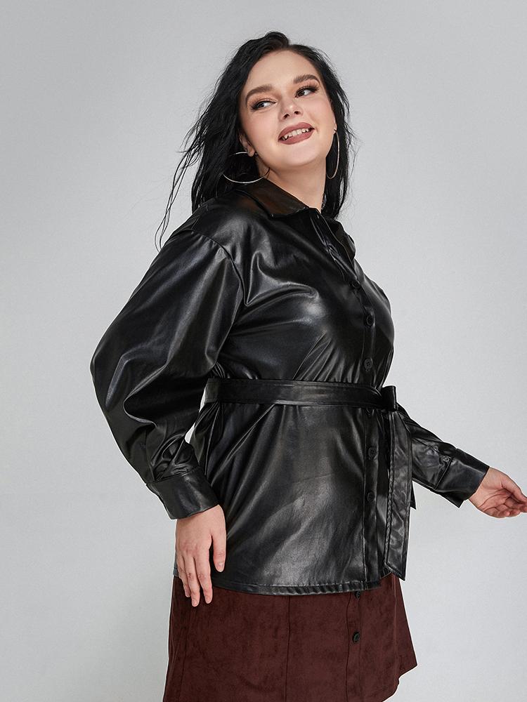 Button Lapel Collar Drop Shoulder Blouse