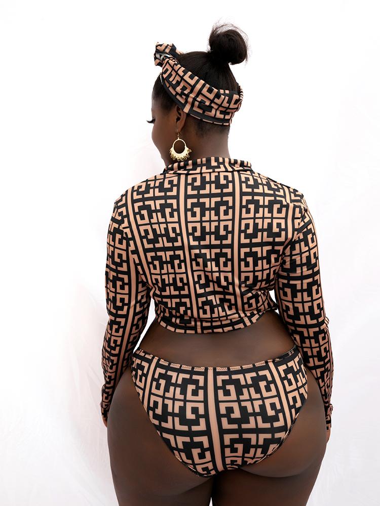 Blocks Zipper Neck Tankini