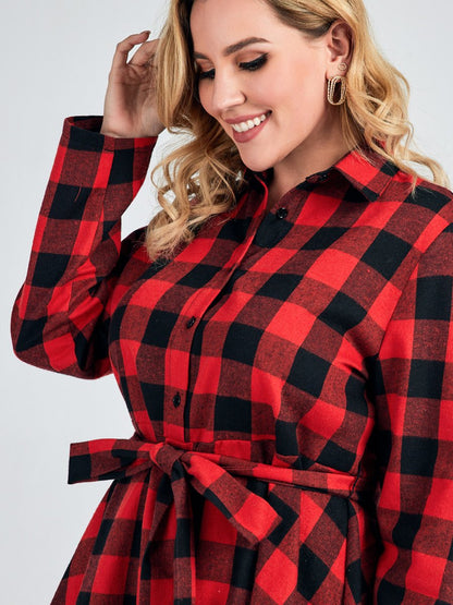 Plaid Belt Lapel Dress