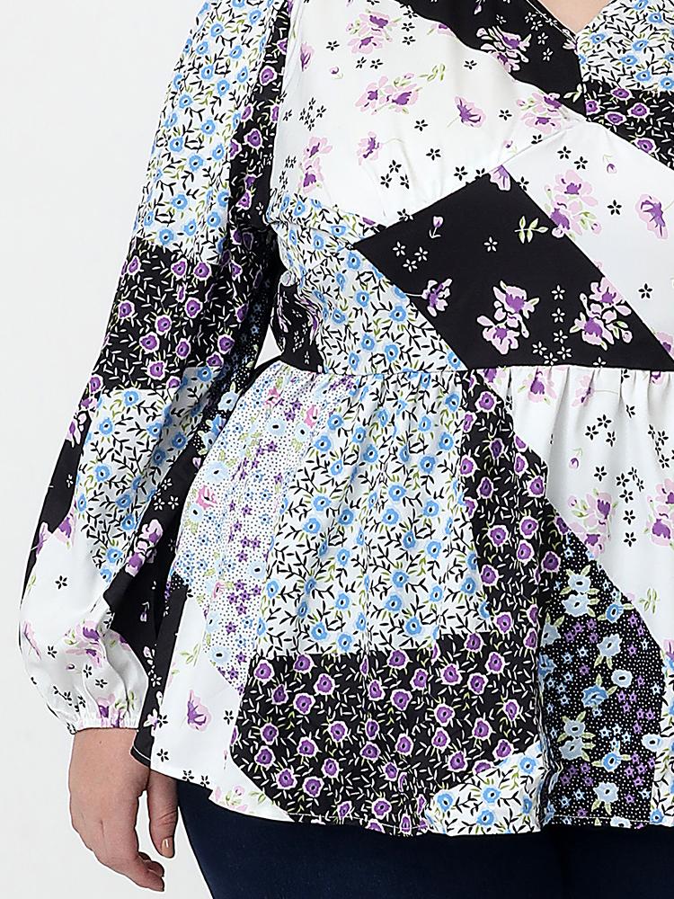 Floral Panel V-neck Tops