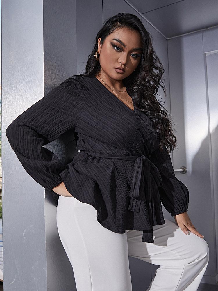 Solid Waist V-neck Wrap Blouse