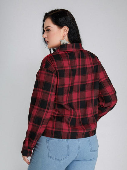 Plaid Pocket Lapel Collar Blouse