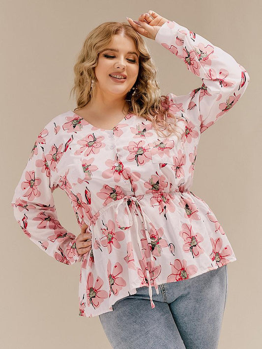 Floral Button Drawstring Blouse
