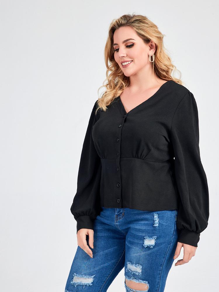 V-neck Button Solid Color Top