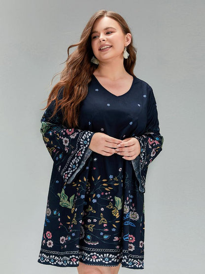 Plant V-neck Flared Sleeve Dress