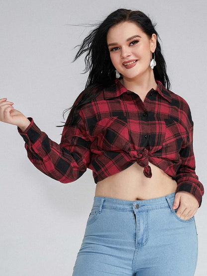 Plaid Pocket Lapel Collar Blouse