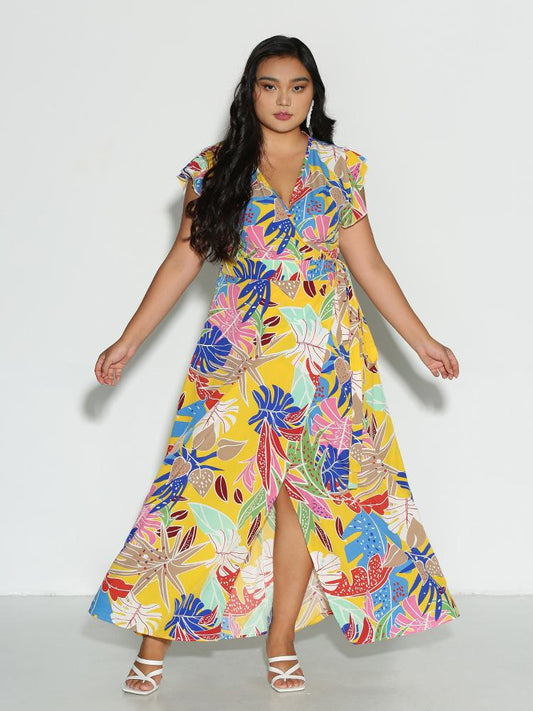 Leaf Print Cap Sleeve Dress