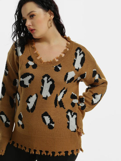 Leopard Print Irregular Edge V-Neck Sweater