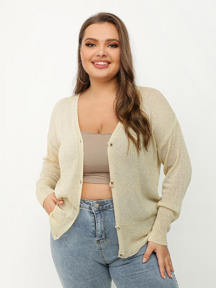 Button Solid Drop Shoulder Cardigan