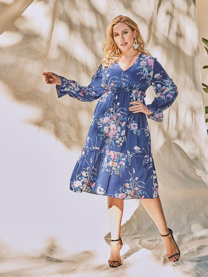 Floral Printed V-neck Midi Dress
