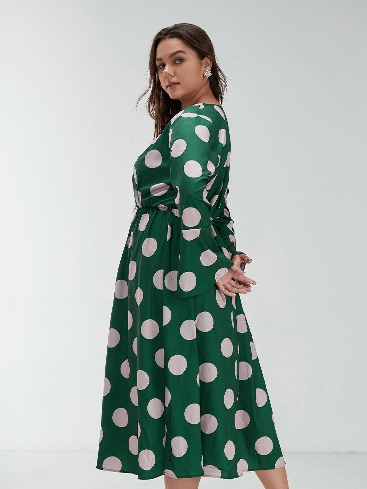 Polka Dot Slit Flared Sleeve Dress
