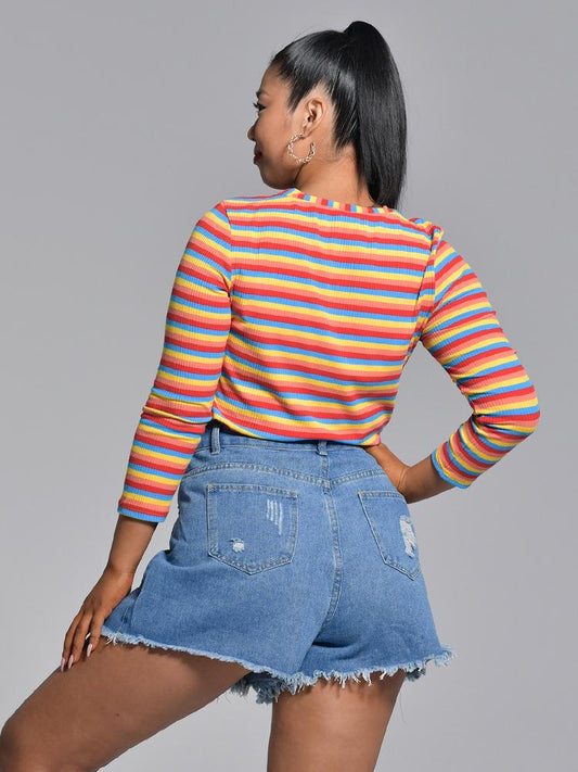 Rainbow Stripe Round-neck Top