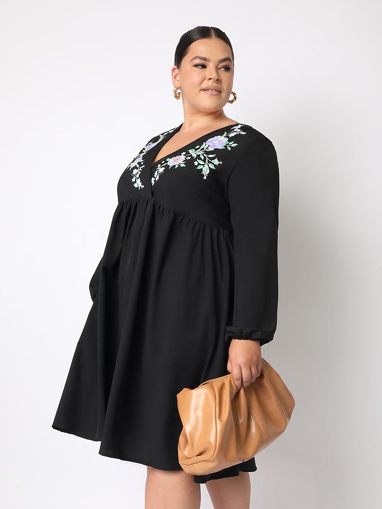 Floral Pleated Loose V-neck Dress