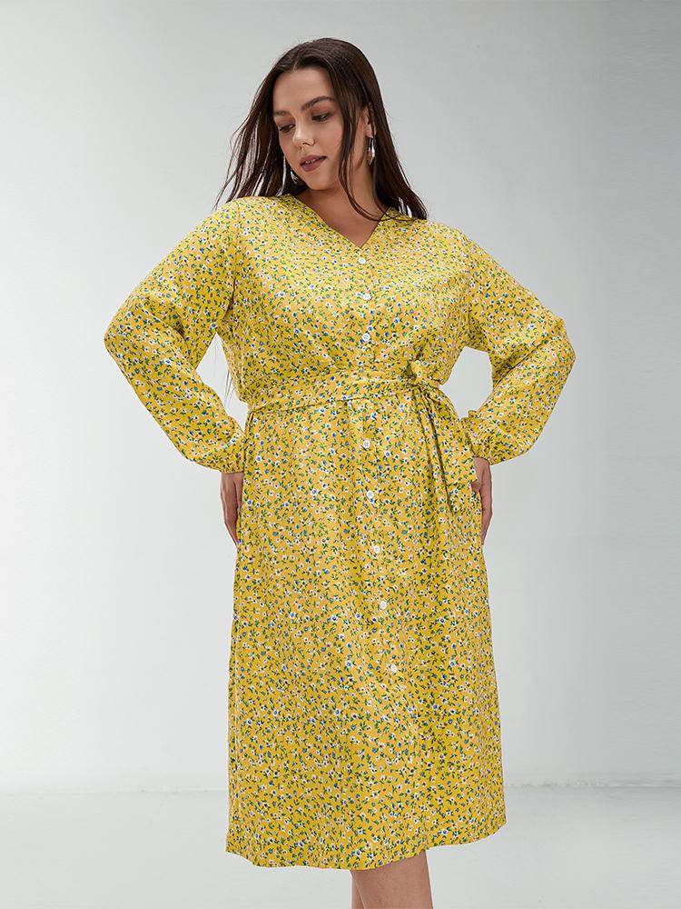 Ditsy Button Through Long Sleeve Dress