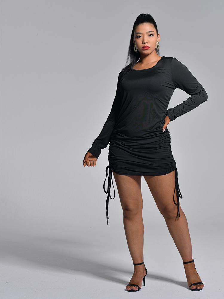 Round-neck Solid Ruched Dress