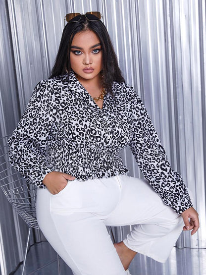 Leopard Print Smocking Lapel Collar Top