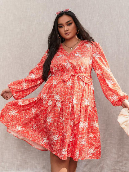 Ditsy Floral Ruffle Hem V Neck Dress