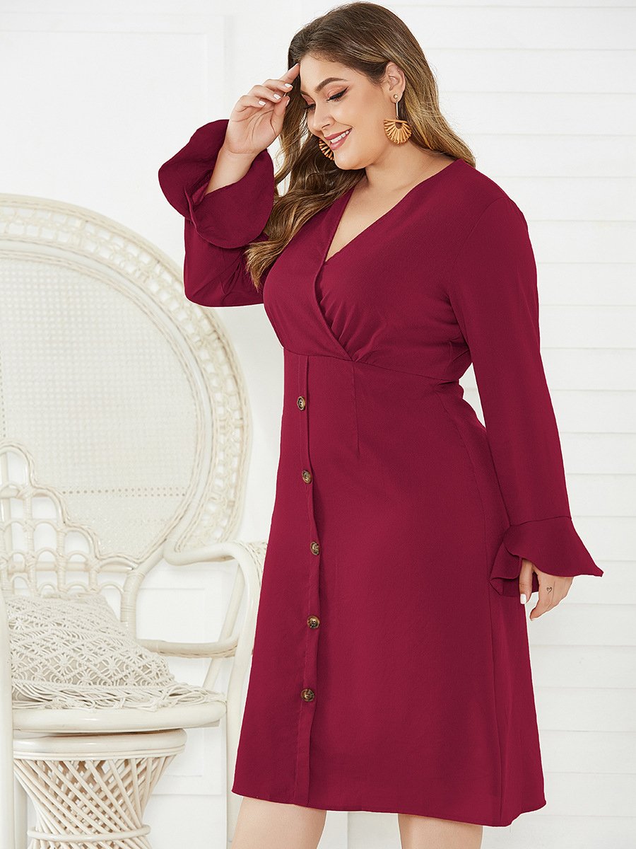 V-neck Button Red Dresses
