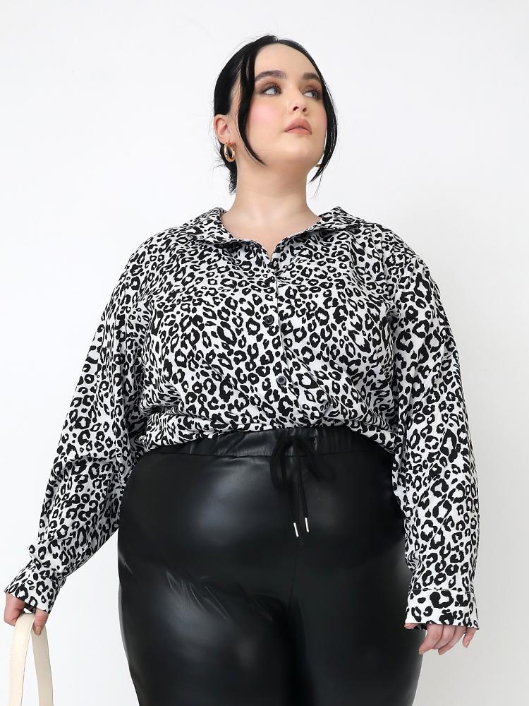 Black Leopard Print Lapel Collar Blouse