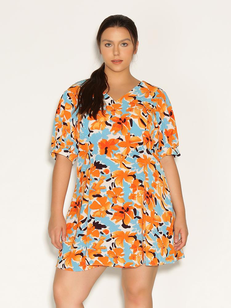 Floral V-Neck Puff Sleeve Dress