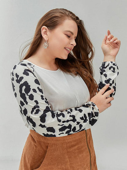 Leopard Print Sleeve Round Neck T-Shirt