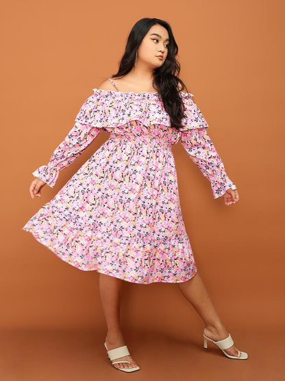 Ditsy Floral Ruffle Off Shoulder Dress