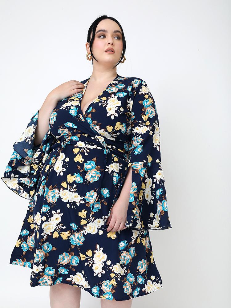 Floral Split Flared Sleeve Dress