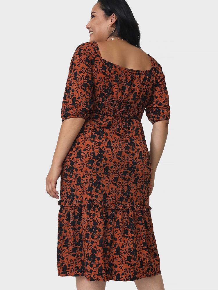 Floral Ruffles Deep V-neck Dress