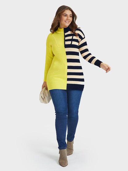 Contrast Striped Zip Sweater