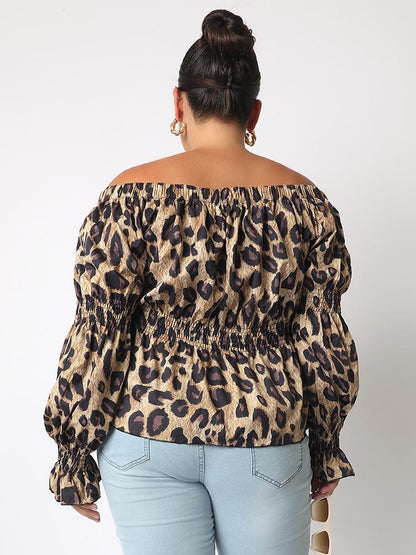 Leopard Off Shoulder Ruffle Blouse