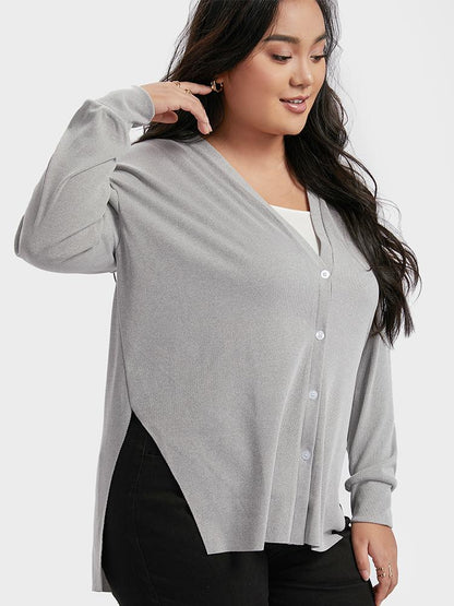 Button Deep V Neck Slit Cardigan