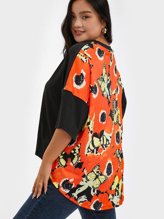 Butterfly Print Patchwork T-shirt