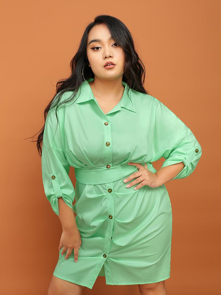 Pleated Solid Button Shirt Dress
