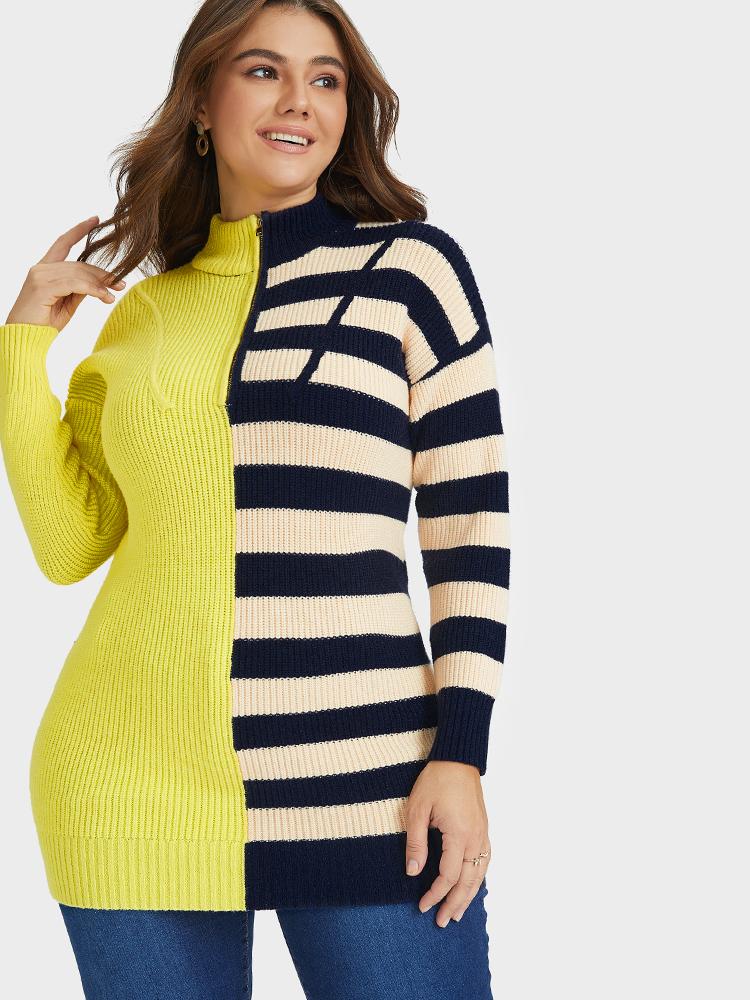 Contrast Striped Zip Sweater