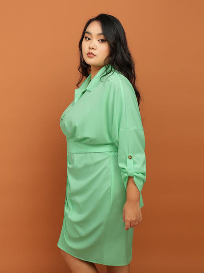 Pleated Solid Button Shirt Dress