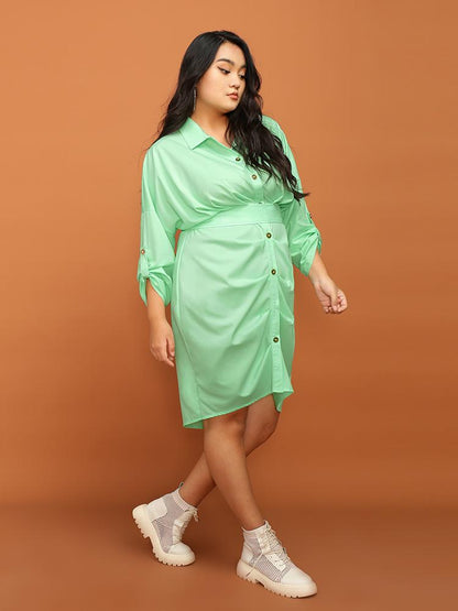Pleated Solid Button Shirt Dress