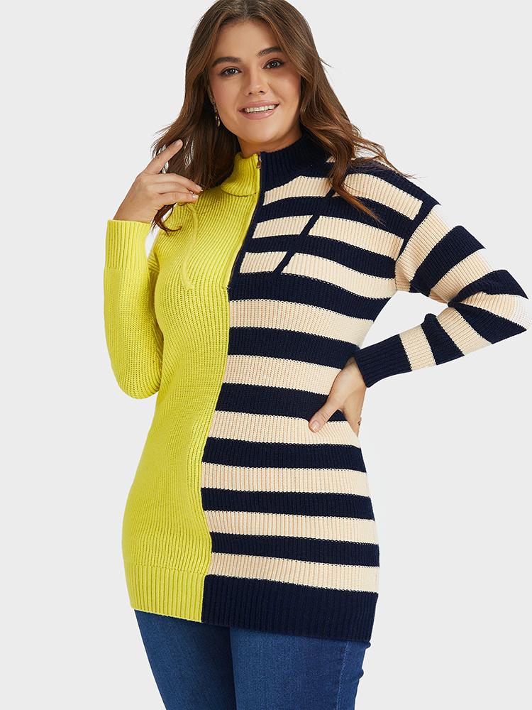 Contrast Striped Zip Sweater