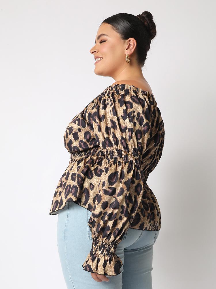 Leopard Off Shoulder Ruffle Blouse