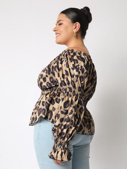 Leopard Off Shoulder Ruffle Blouse
