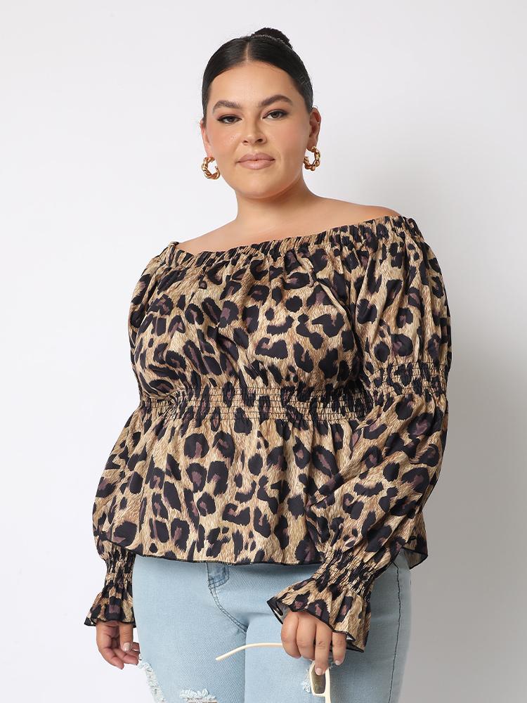 Leopard Off Shoulder Ruffle Blouse