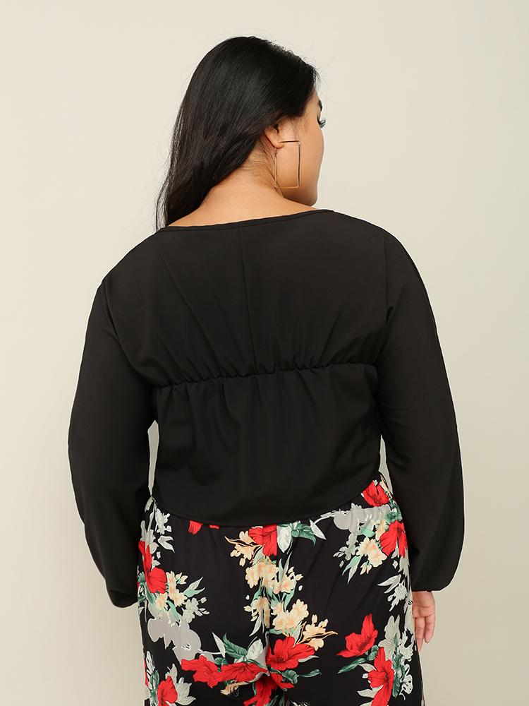 Button Lantern Sleeve Crop Blouse